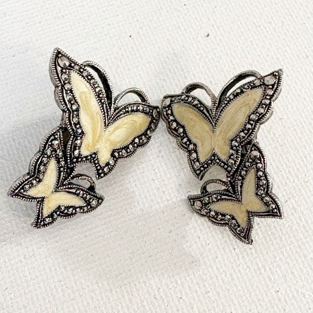Avon Silver Tone Enamel Faux Marcasite Butterfly Clip Earrings Whispering Wings